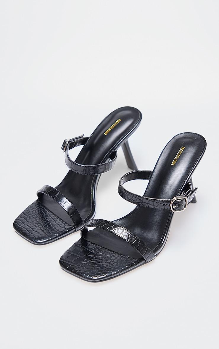 Black Croc PU Square Toe Strappy Heeled Mule Sandals Product Image