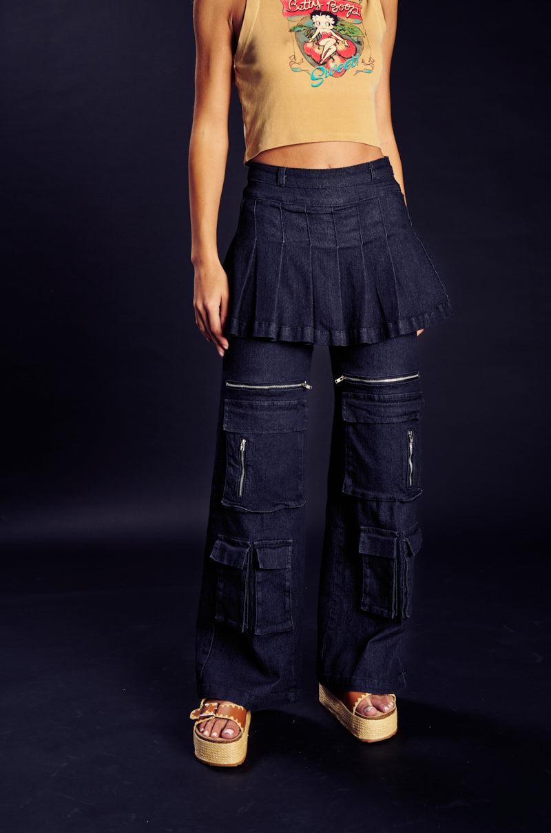 WANT U BACK WIDE LEG DENIM PANT WITH SKIRT Product Image