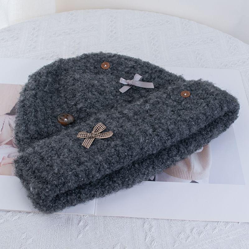 Ribbon Buttoned Knit Beanie Product Image