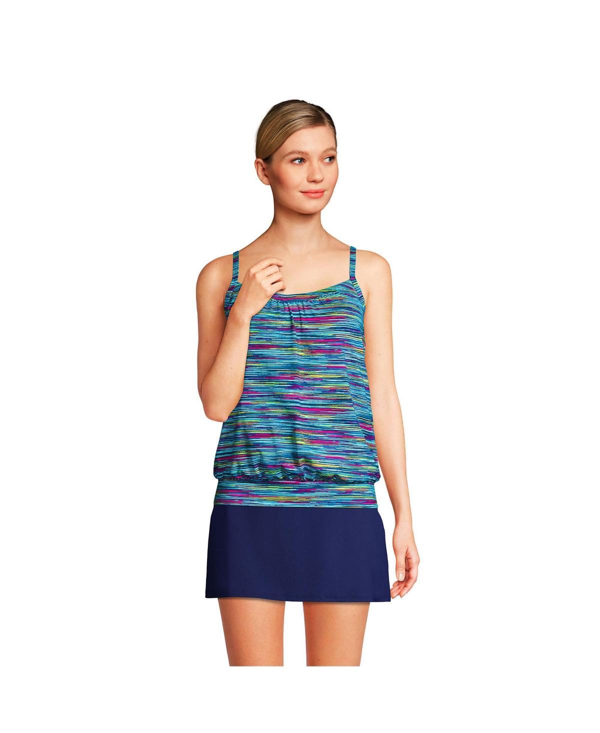 Lands End Womens Long Blouson Tummy Hiding Tankini Swimsuit Top Adjustable Straps - Electric blue multi Product Image