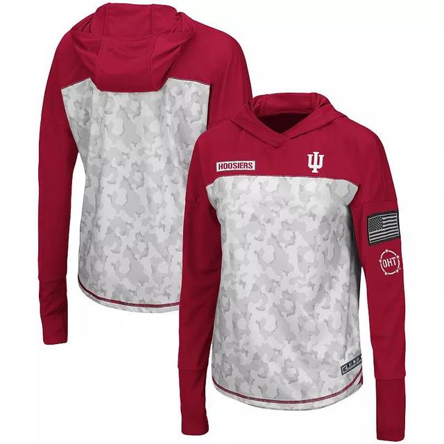 Womens Colosseum Gray/Crimson Indiana Hoosiers OHT Military Appreciation Mission Arctic Camo Hoodie Long Sleeve T-Shirt Product Image