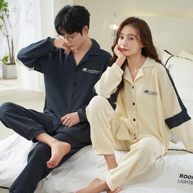 Couple Matching Loungewear Set : Long-Sleeve Color Block Bear Print Top + Pants Product Image