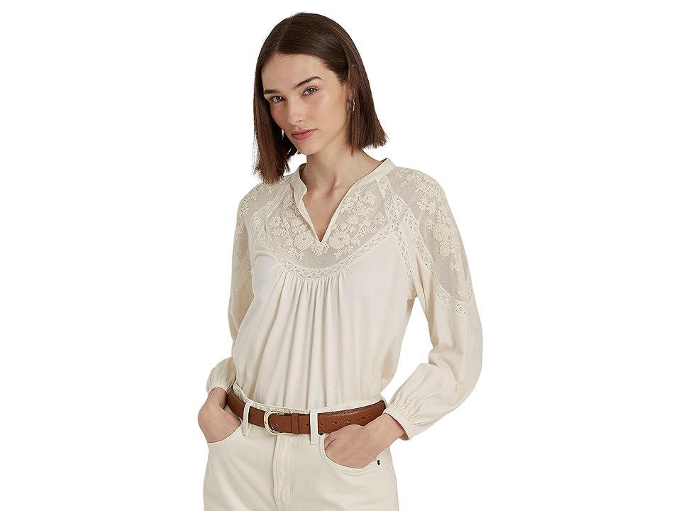 Lauren Ralph Lauren Embroidered Jersey Blouson-Sleeve Top (Mascarpone Cream) Women's Clothing product image