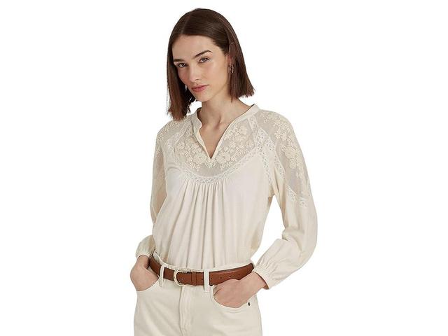 Lauren Ralph Lauren Embroidered Jersey Blouson-Sleeve Top (Mascarpone Cream) Women's Clothing Product Image