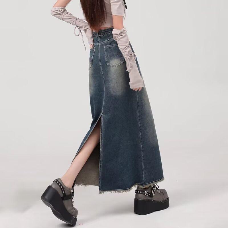 High Rise Fringed Slit Washed Denim Midi A-Line Skirt Product Image