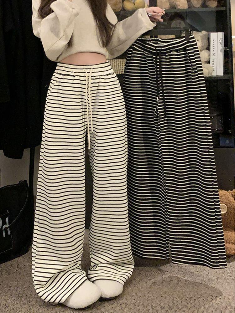 Drawstring Waist Striped Knit Wide Leg Pants Product Image