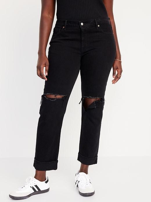 Mid-Rise Ripped Boyfriend Jeans Product Image