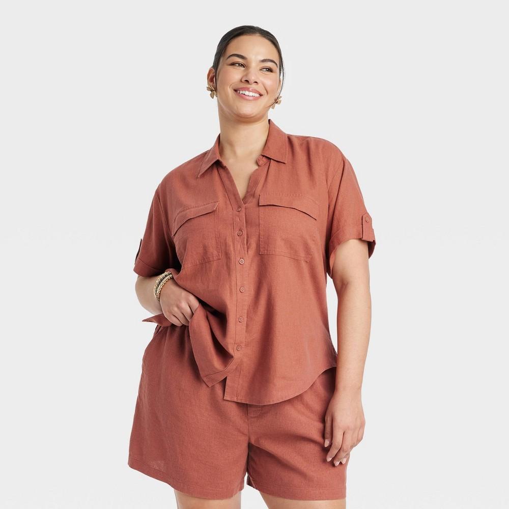 Womens Short Sleeve Linen Front Button-Down Shirt - Ava & Viv Brown 3X Product Image