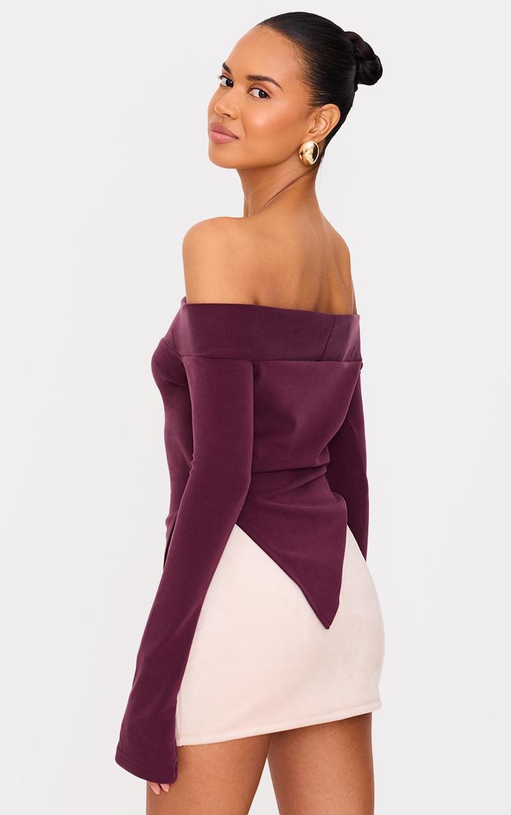 Burgundy Premium Soft Touch Fold Bardot Asymmetric Top Product Image