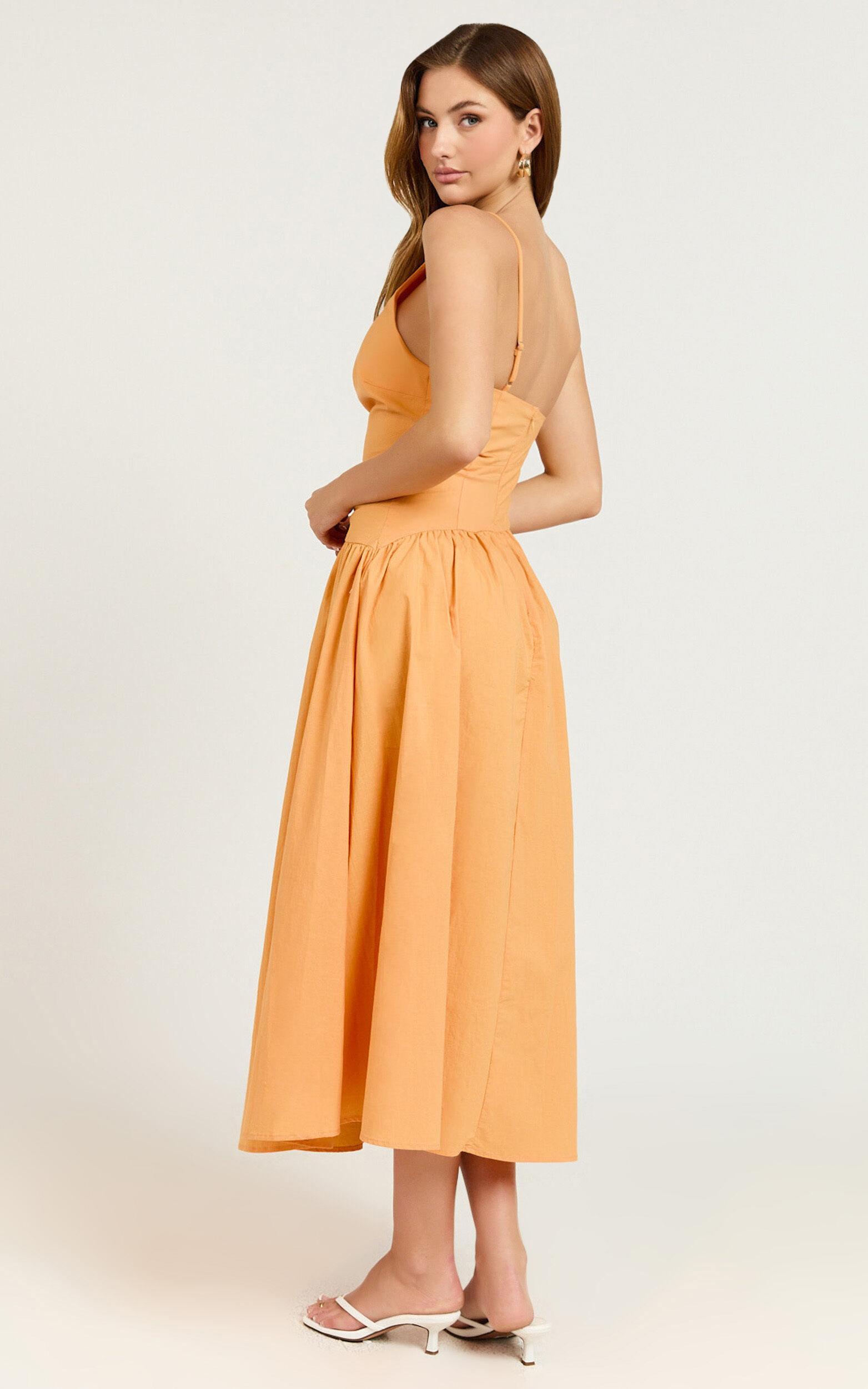 Ebony Midi Dress - Asymmetrical Cut Out Dress in Orange Product Image