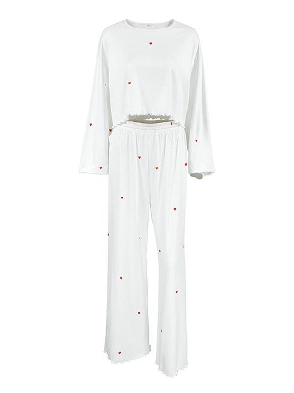 Heart Print Round-Neck Long Sleeves Tops + Elasticity High Waisted Pants Pajama Sets Product Image