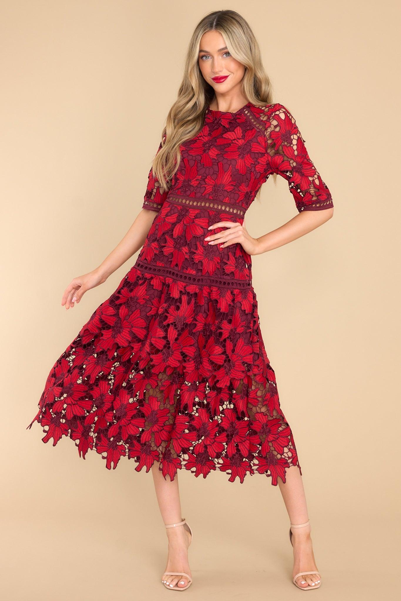 Get To The Point Red Lace Midi Dress Product Image