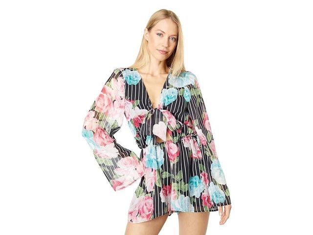 Bebe Tie Front Floral Flutter Sleeve Romper Pink) Women's Jumpsuit & Rompers One Piece Product Image