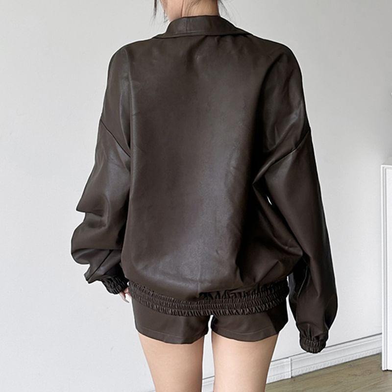 Stand Collar Plain Faux Leather Zip Jacket / Mid Rise Shorts Product Image