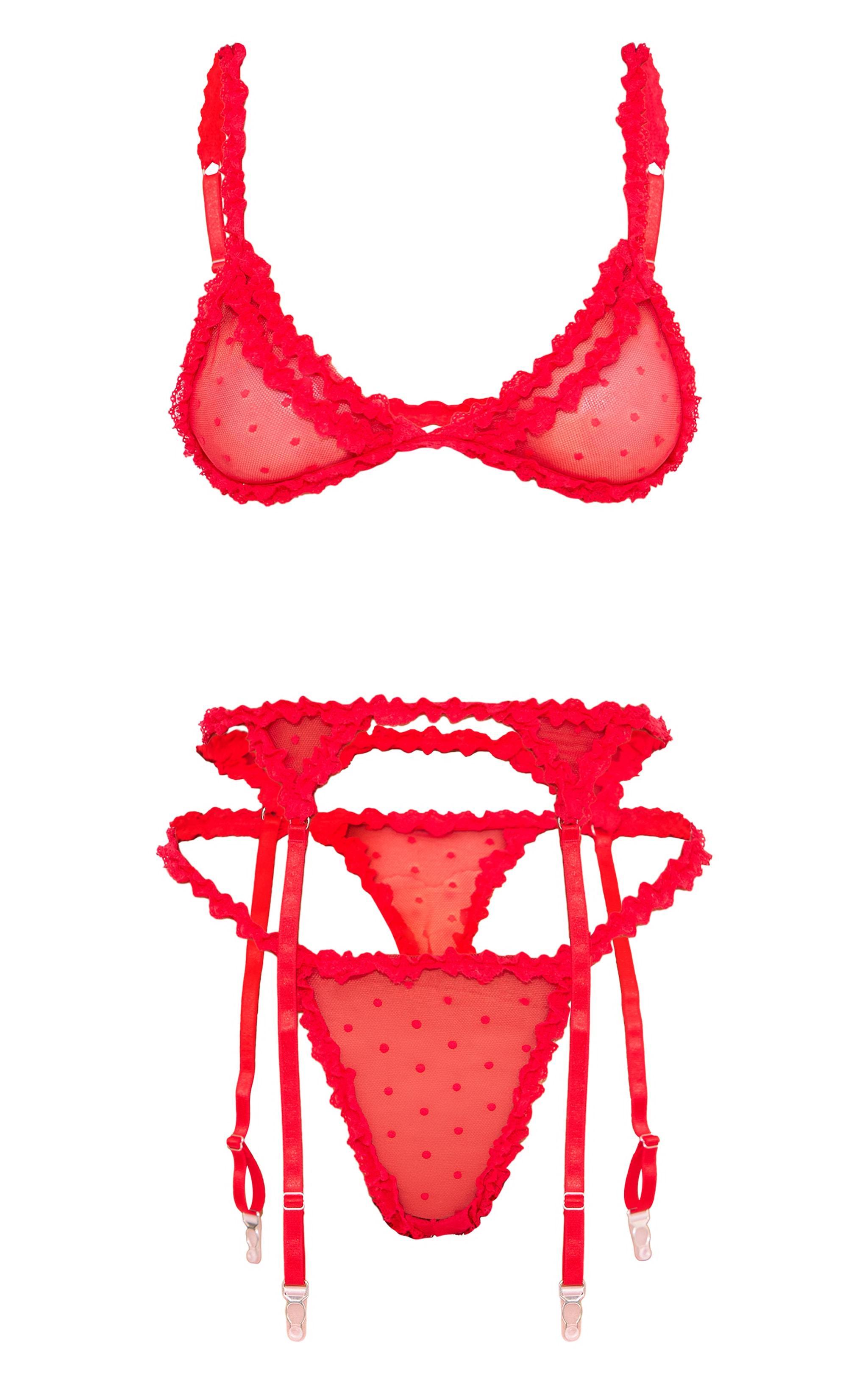 Red Polka Dot Mesh 3 Piece Lingerie Set Product Image