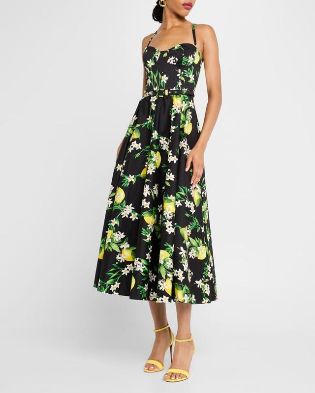 Lemon-Print Sleeveless Belted Corset Midi Dress Product Image