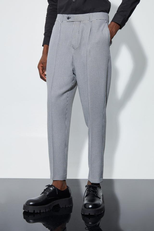 High Rise Tapered Houndstooth Suit Pants | boohooMAN USA Product Image