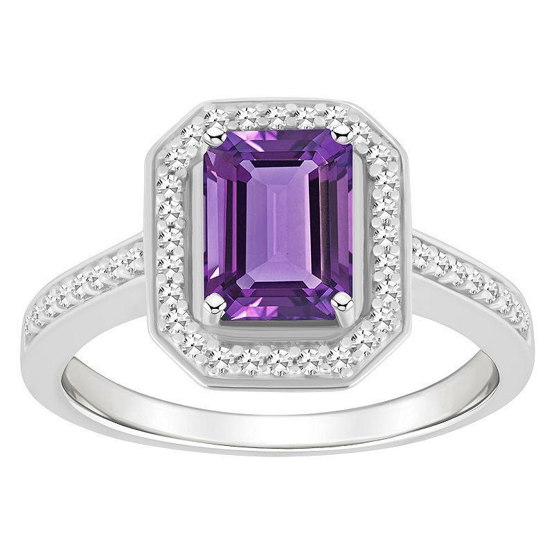 Celebration Gems Sterling Silver 8 mm x 6 mm Emerald Cut Gemstone & 1/5 Carat T.W. Diamond Halo Ring, Womens Purple Product Image