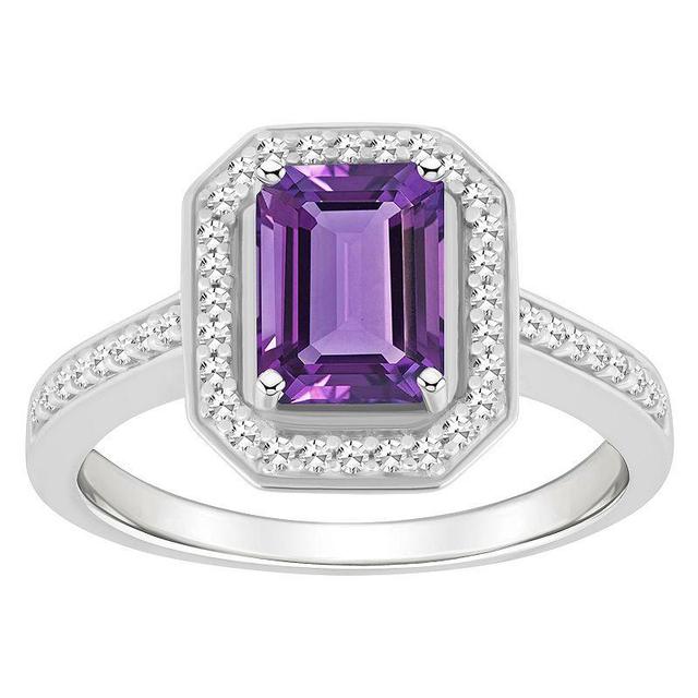 Celebration Gems Sterling Silver 8 mm x 6 mm Emerald Cut Gemstone & 1/5 Carat T.W. Diamond Halo Ring, Womens Purple Product Image