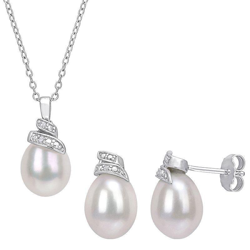 Stella Grace Freshwater Cultured Pearl & Diamond Accent Swirl Necklace & Earring Set, Womens Sterling Product Image