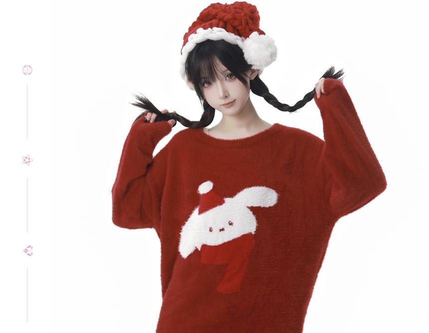 Round Neck Christmas Rabbit Patterned Sweater Product Image