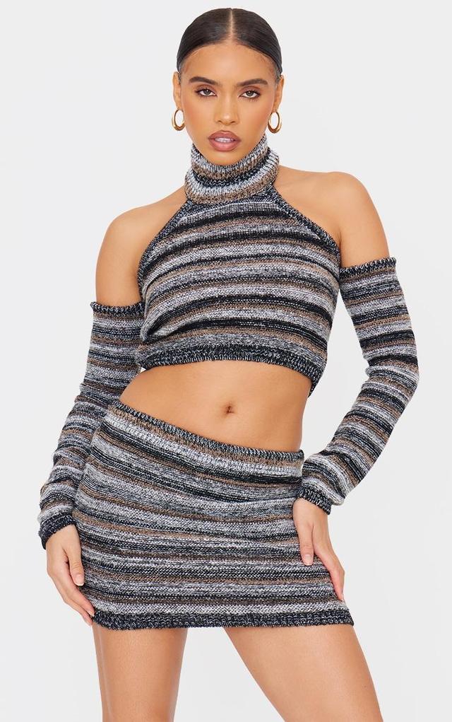 Monochrome Contrast Stripe Knit High Neck Top With Sleeves Product Image