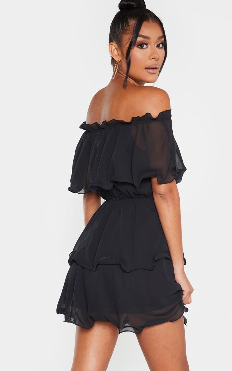 Black Chiffon Bardot Ruffle Tiered Dress Product Image