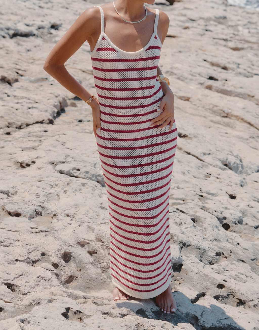 4th & Reckless x Luana Barron brittany knit maxi stripe beach dress in cherry red Product Image