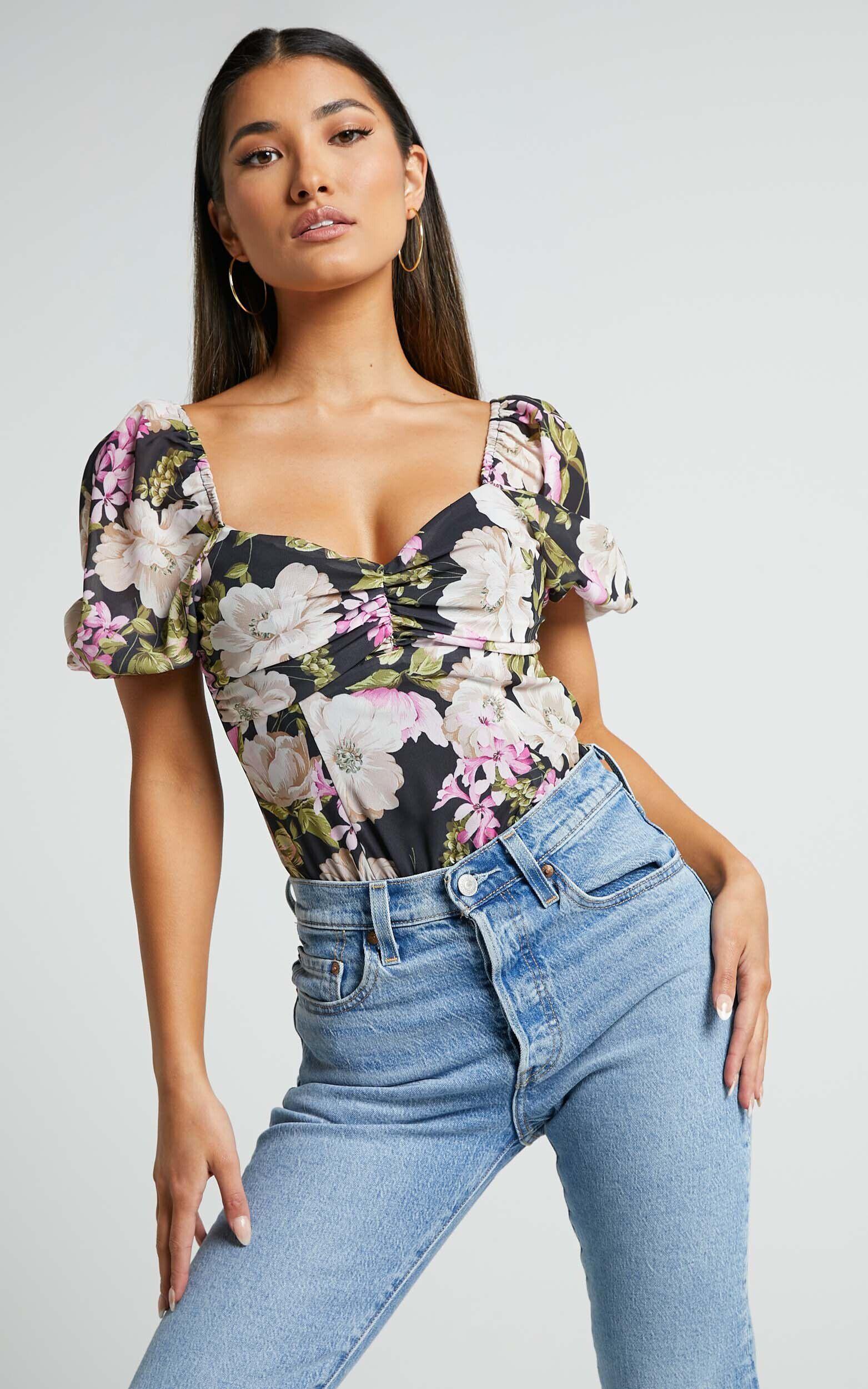 Alex Bodysuit - Short Puff Sleeve Bodysuit in Midnight Floral Product Image