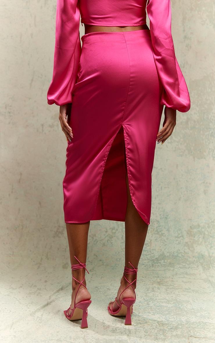 Bright Pink Satin Ruched V Front Detail Midaxi Skirt Product Image