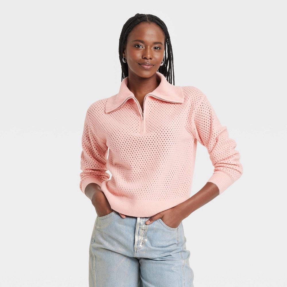 Women's Quarter Zip Collared Pullover Sweater - Universal Thread™ Pink L Product Image