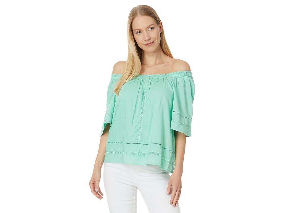 Liverpool Los Angeles Cropped Bell Sleeve Woven Top with Lace Trim (Mint) Women's Clothing Product Image