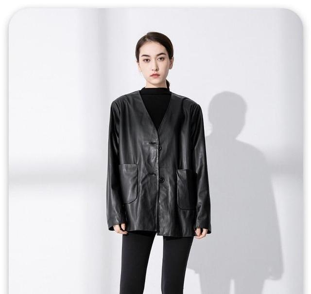 V-Neck Plain Button-Up Faux Leather Jacket Product Image