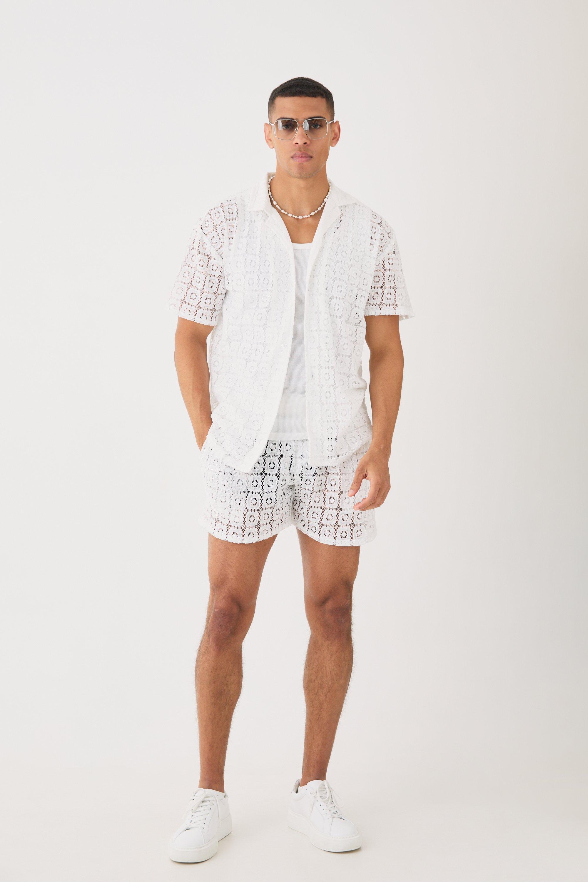 Mens White Oversized Open Weave Lace Shirt & Short, White Product Image