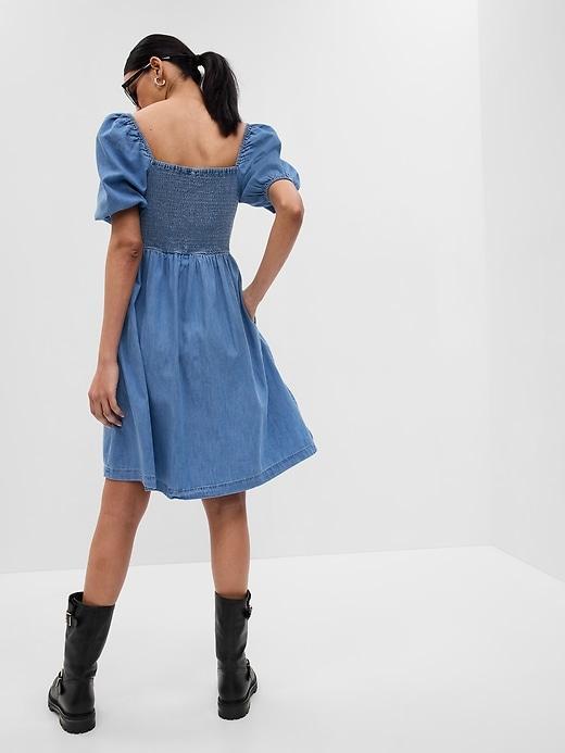 Puff Sleeve Denim Mini Dress with Washwell Product Image