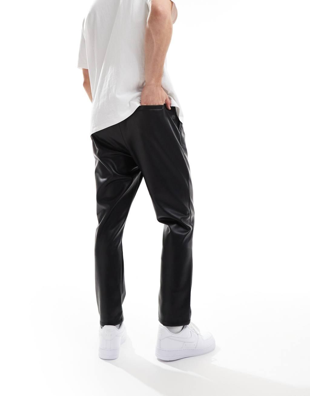 ASOS DESIGN leather look tapered pants in black Product Image