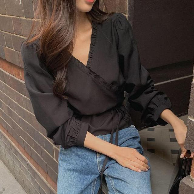 Puff Sleeve V-Neck Plain Ruffled-Trim Loose-Fit Blouse Product Image