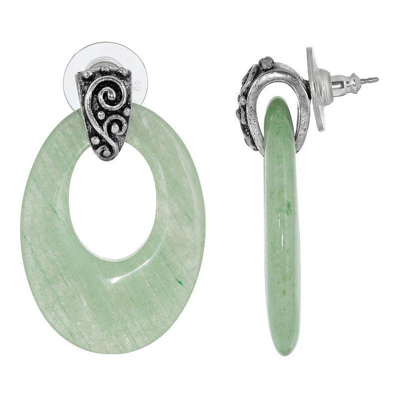 2028 Pewter Semi Precious Oval Aventurine Hoop Earrings Product Image