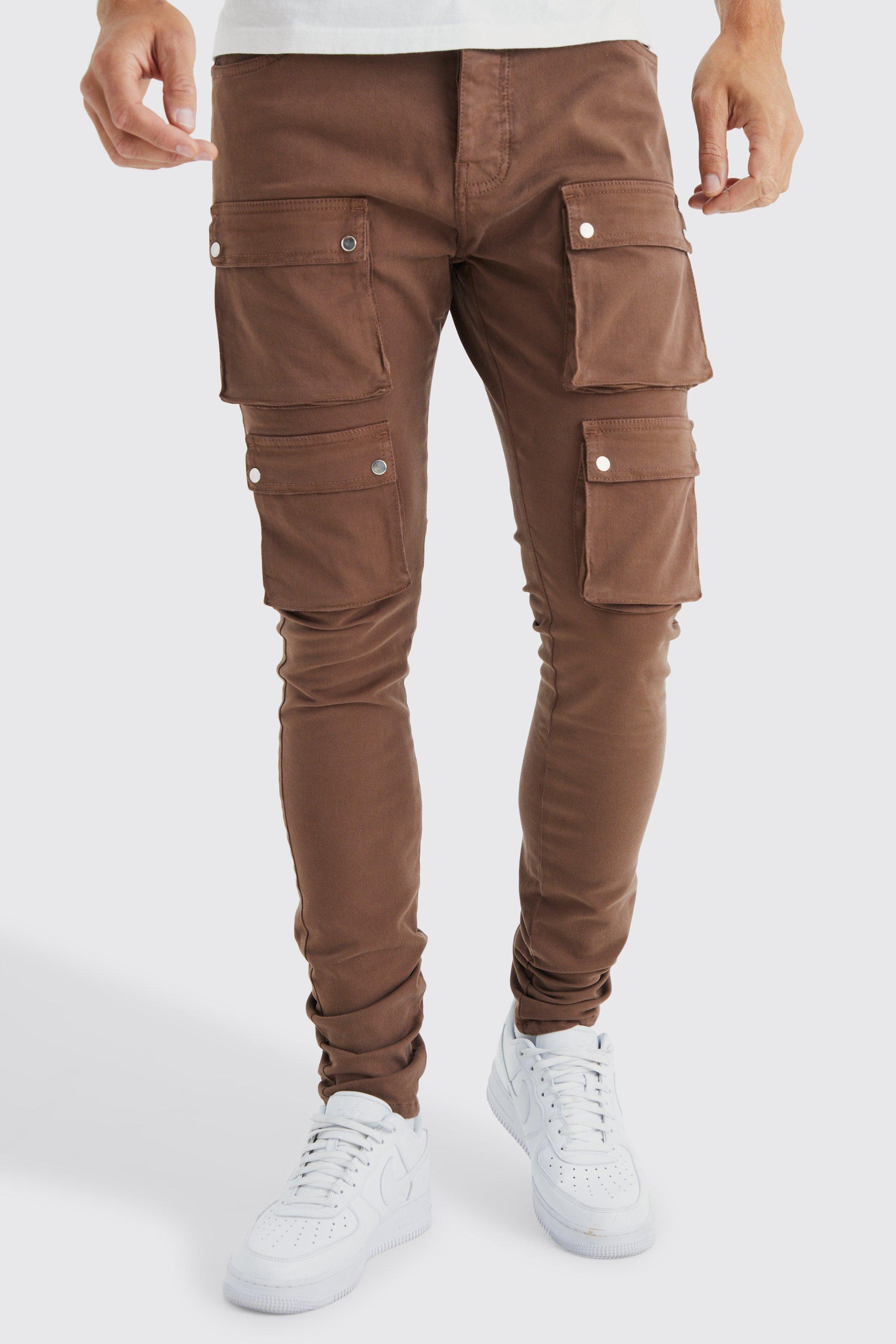 Mens Brown Tall Fixed Waist Skinny Multi Cargo Pocket Trouser, Brown Product Image