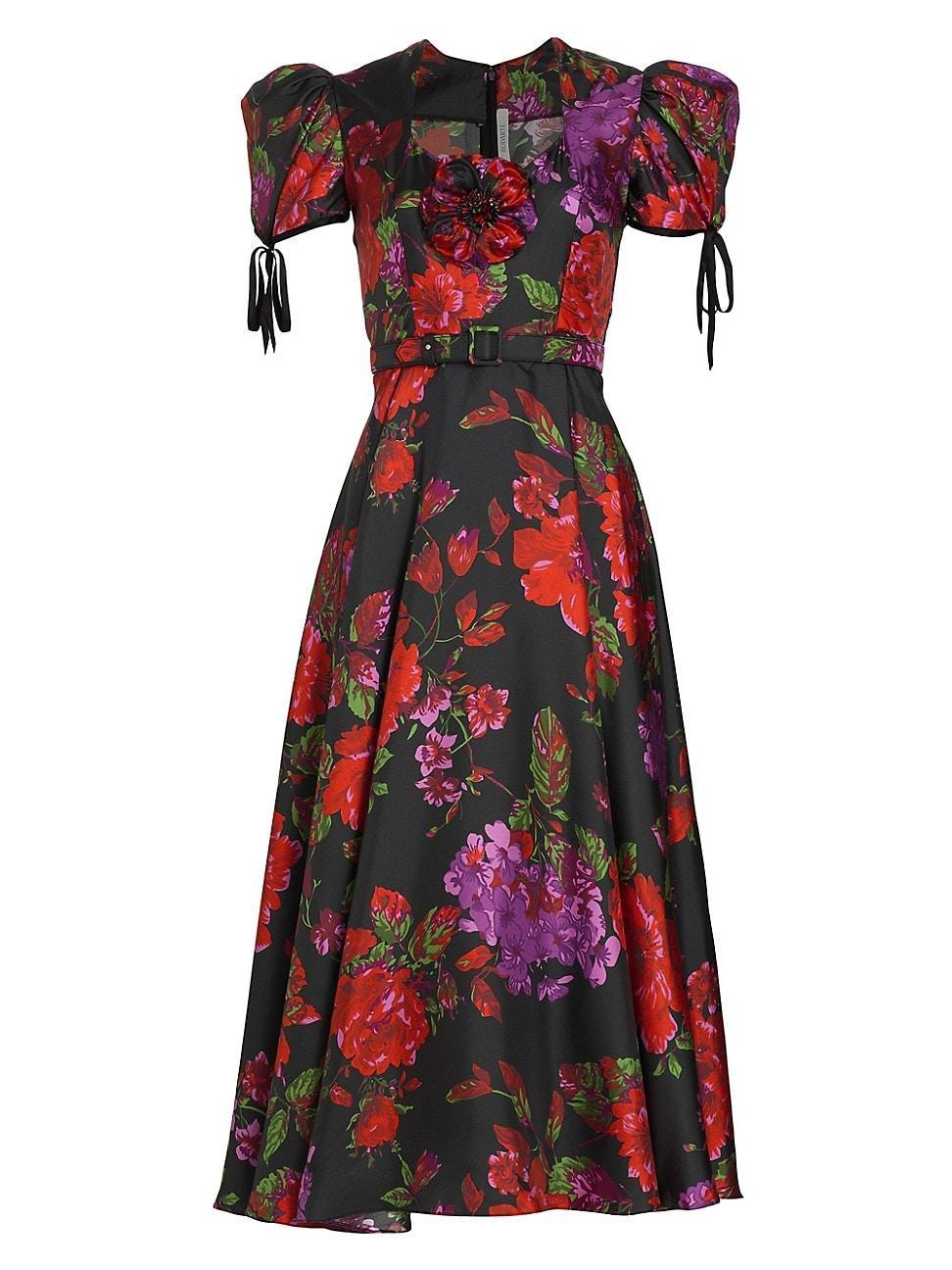 Womens Floral Silk Puff-Sleeve Midi-Dress Product Image