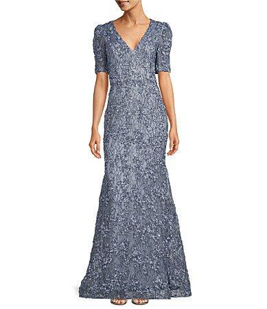 Xscape Textured Lace V-Neck Short Sleeve Mermaid Gown Product Image