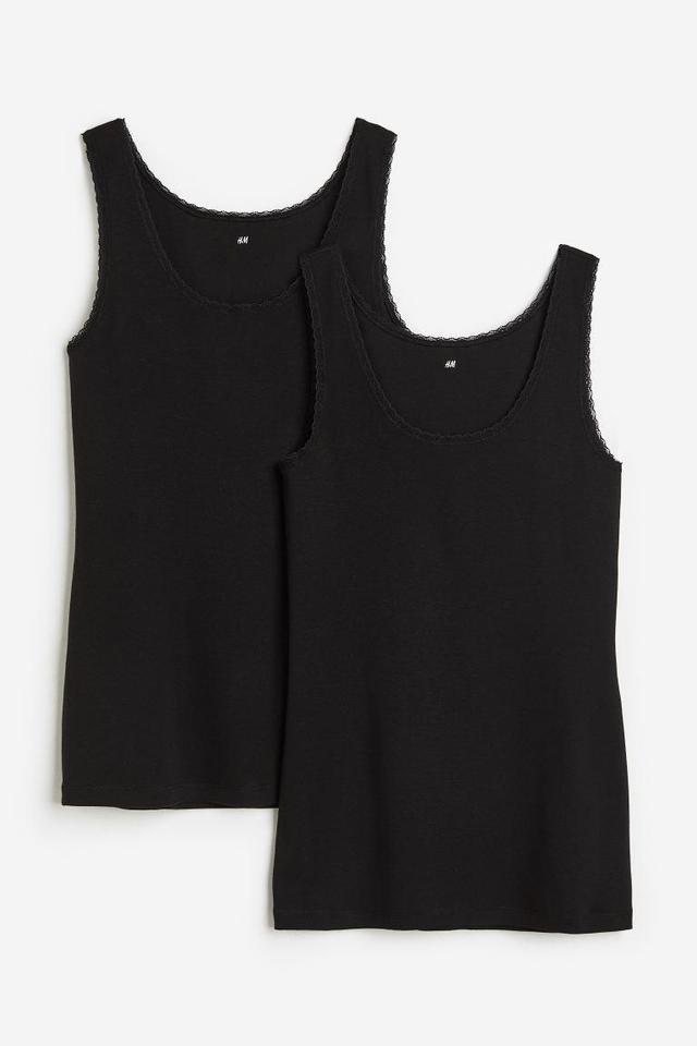 H & M - 2-pack Lace-trimmed Tank Tops - Black Product Image