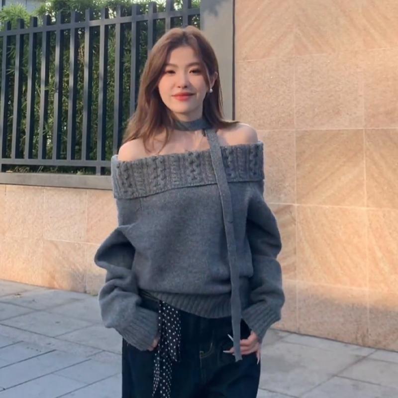 Off-Shoulder Plain Sweater Product Image