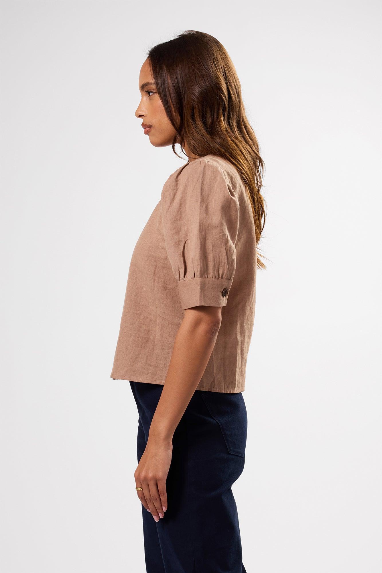 V Neck Cuff Sleeved Blouse - Sand Product Image