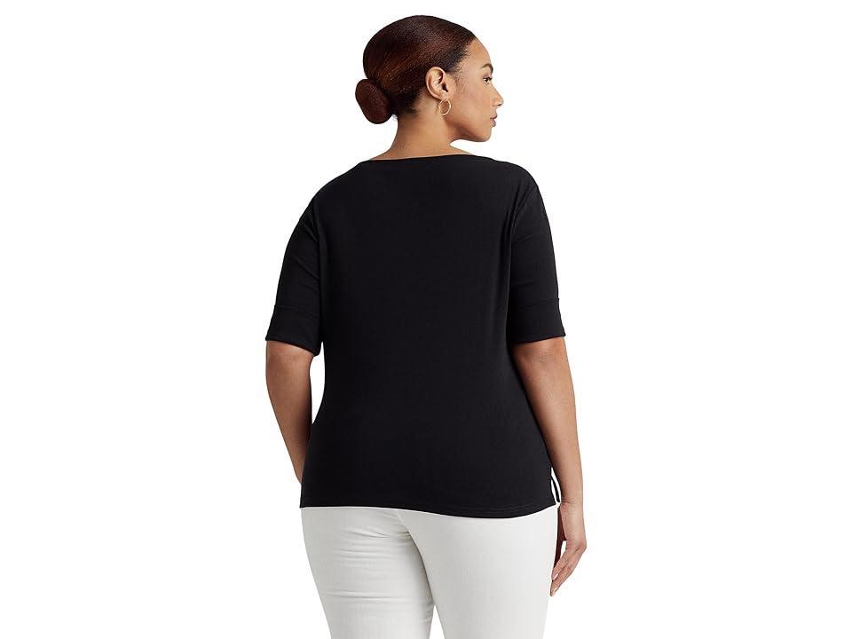 Lauren Ralph Lauren Plus Size Stretch Cotton Boat Neck Short Folded Elbow Sleeve Top Product Image