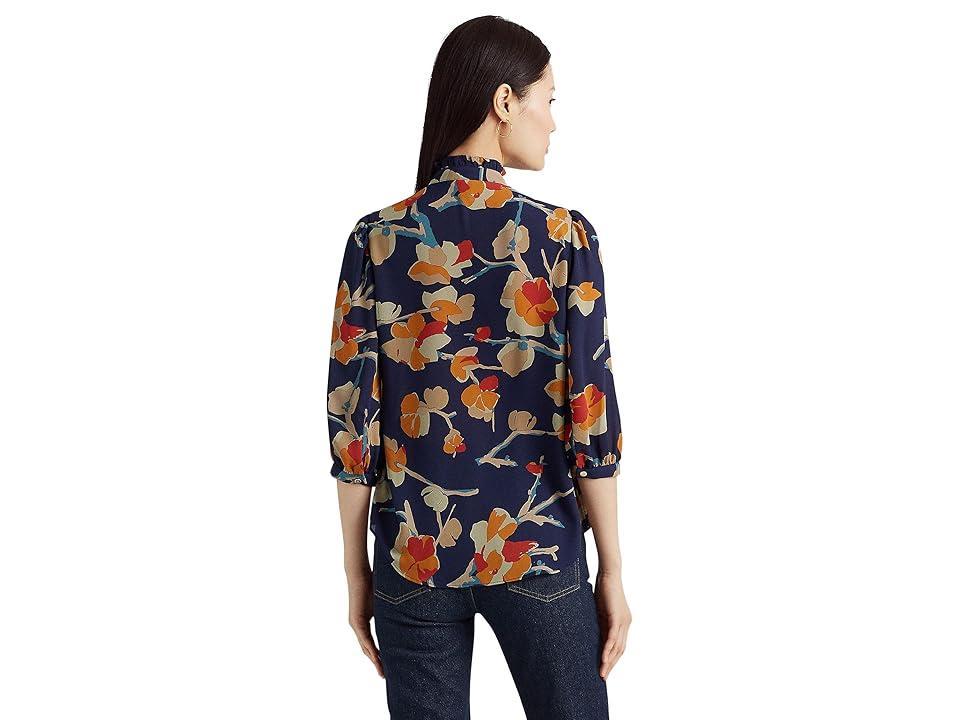 LAUREN Ralph Lauren Petite Floral Georgette Blouse (Blue Multi) Women's Clothing Product Image