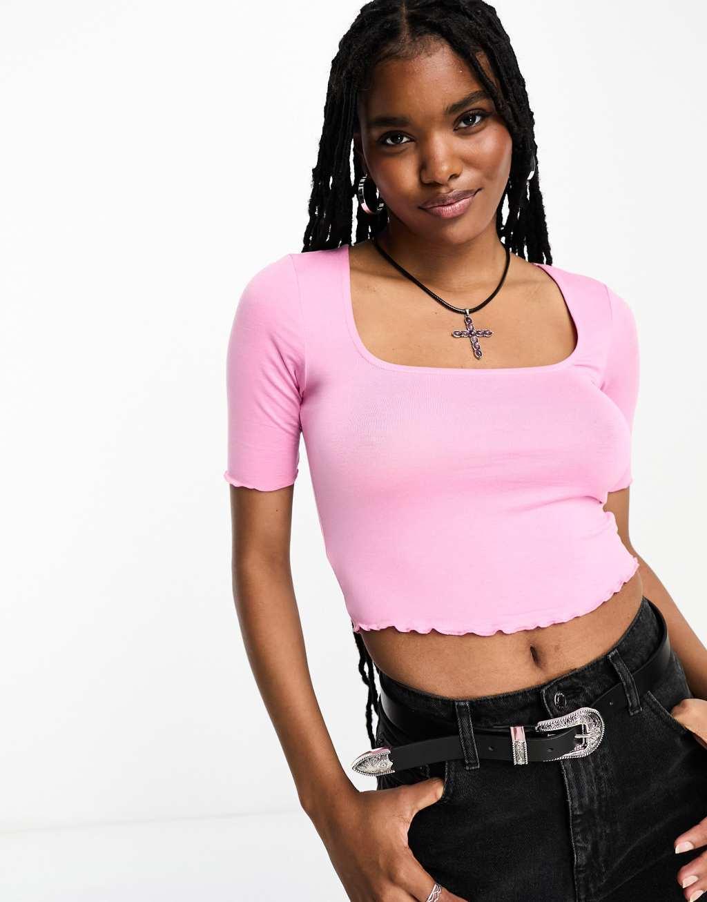 Only square neck cropped lettuce edge t-shirt in pink Product Image