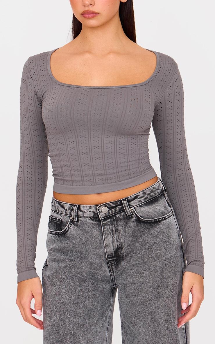 Charcoal Contour Pointelle Square Neck Long Sleeve Top Product Image