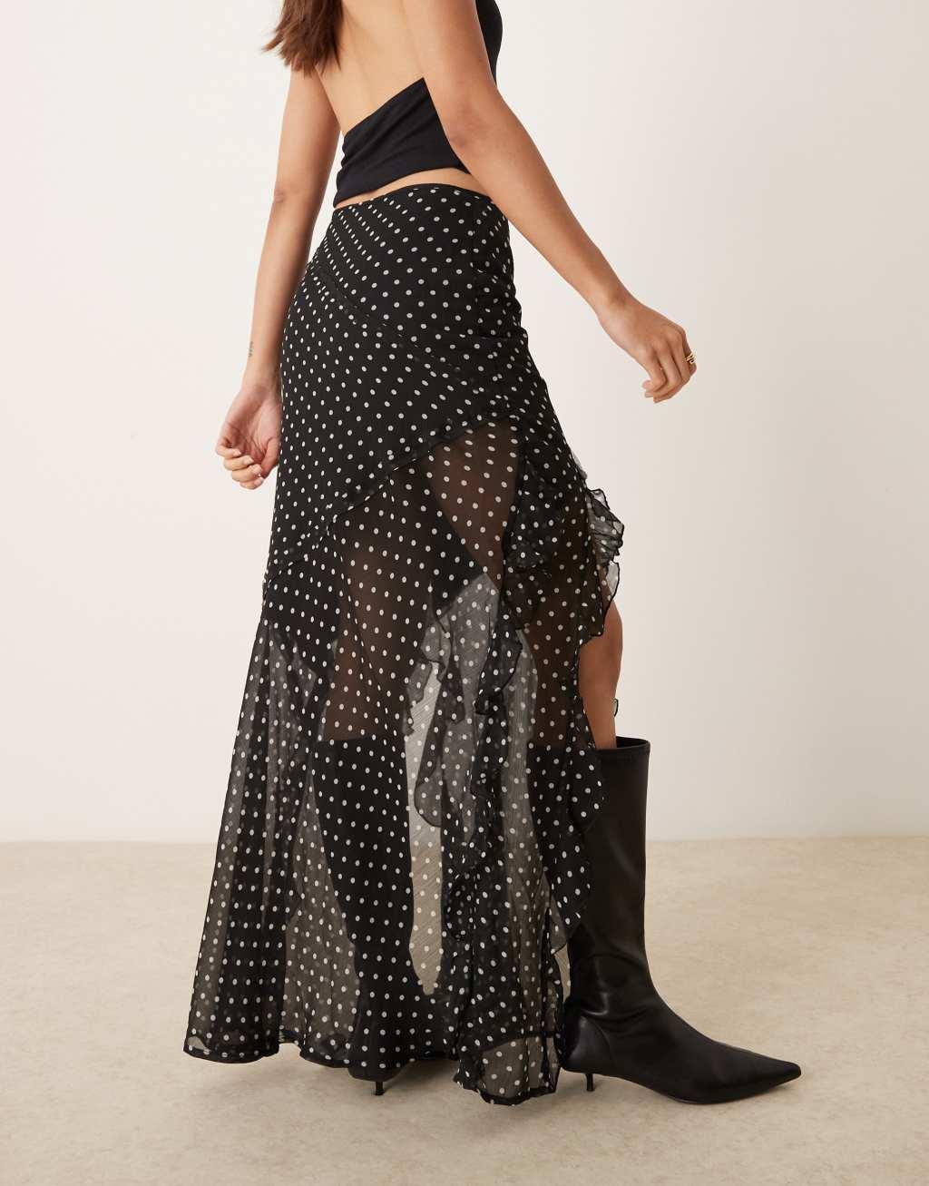 ASOS DESIGN chiffon ruffle detail maxi skirt in mono dot Product Image