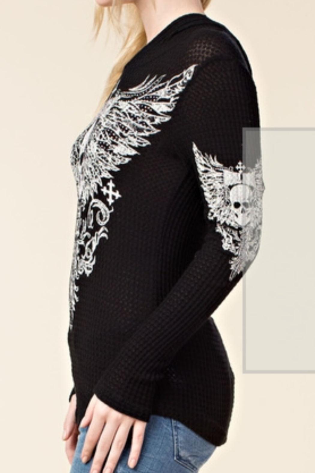 Long Sleeve Hoodie with Skull & Wings Design Female Product Image